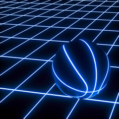 3D rendering of blue neon basketball ball on black background