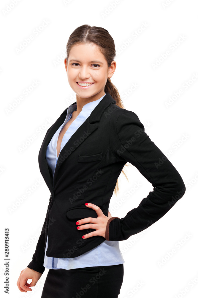 Poster Portrait of a beautiful businesswoman isolated on white background