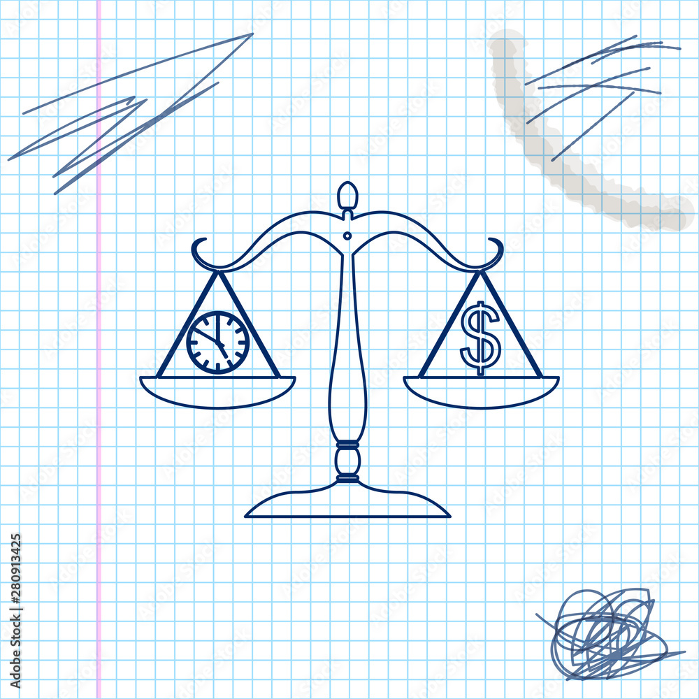 Poster scale weighing money and time line sketch icon isolated on white background. scales with hours and a