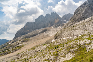 Idyllic landscape with green moss covered mountain rock
