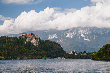Close up view of the Bled Castle, the Bled city, St. Martin's Parish Church, parks and beaches...