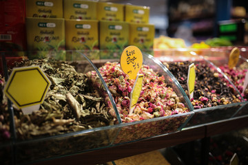 Turkish oriental sweets, tea and spices. Bazaar