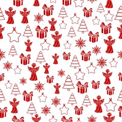 Merry Christmas Red elements on white background. Seamless graphic pattern made with elements of zentangl and doodle. Wrapping paper illustration