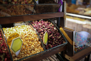 Turkish oriental sweets, tea and spices. Bazaar