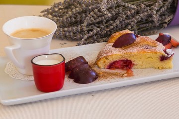 .plum cake with coffee