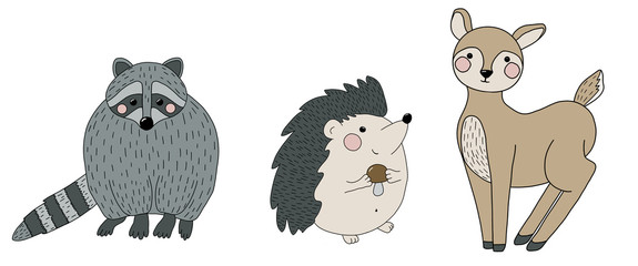 A set of hand drawn flat colored forest animals: racoon, deer, hedgehog