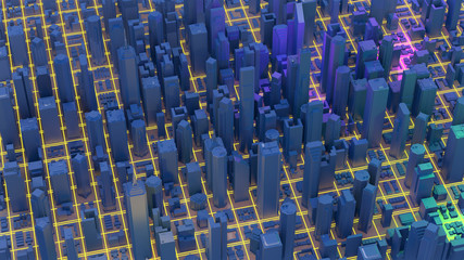 Fototapeta premium Digital 3d rendering city. Light trails symbolise data travelling in modern city.