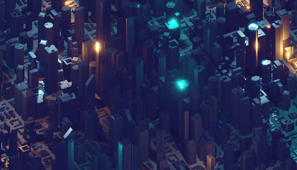 Digital 3d rendering city. Light trails symbolise data travelling in modern city. Flowing data particles and random shapes.