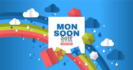 Fototapeta premium Sale Poster Of Monsoon Season. Creative Sale Banner with Colorful cloud, umbrella, gift box and package. web banner for special Monsoon Season sale. white frame with 3d paper cut icon decoration.