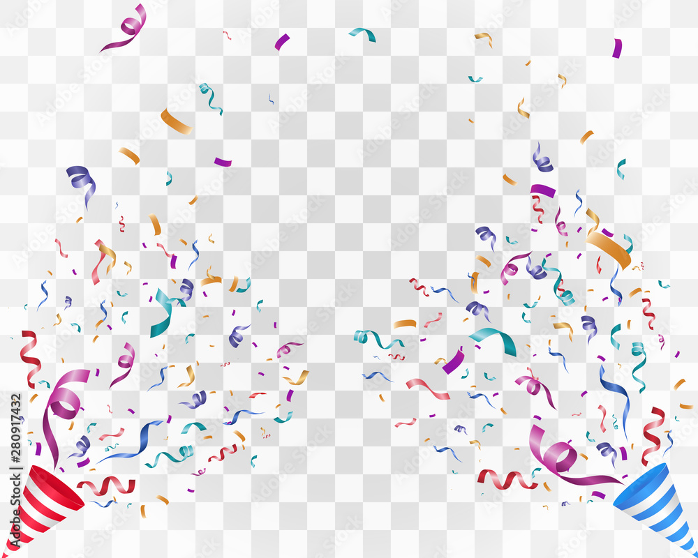 Poster Lots of colorful tiny confetti and ribbons on transparent background. Festive event and party. Multicolor background.Colorful bright confetti isolated on transparent background