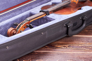 Vintage violin in box, cropped image. Classical musical instrument on wooden background.