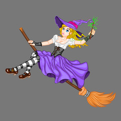 Charming witch flying on a broomstick