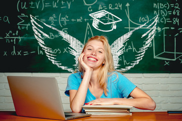 Student angel. School wings and dream. College students studying. Education.