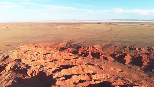 Aerial view of the Bayanzag, flaming cliffs, Gobi Desert, Mongolia