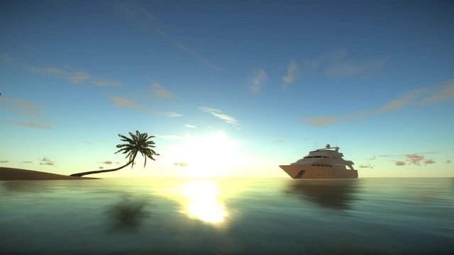 A ship in tropical island,3D render of the tropical island coast at sunrise, Holidays in the tropical paradise in the ocean, 3d render