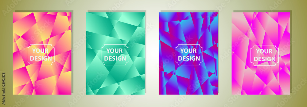 Poster set of colorful low poly vector pattern gradient set. modern smartphone screen, mobile app template.