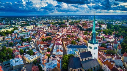 Tallinn old town aerial with the buildings and beautiful sky and a tower
