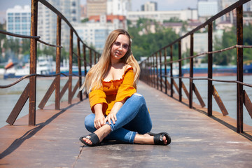 Beautiful portrait of blonde woman with beret hat.