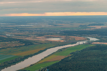 Top view of the river, fields, forest and village