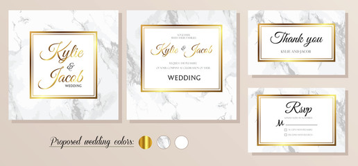  Wedding Invitation marble, thank you, rsvp card. Design with gold decorative frame print. Vector elegant and modern greeting, invite, postcard