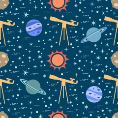 Plaid avec motif Cosmos Modèle sans couture. Télescope, soleil, planètes, étoiles.