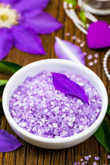 Purple Lilac and Clematis Salt for Spa and Aromatherapy. Selective focus.