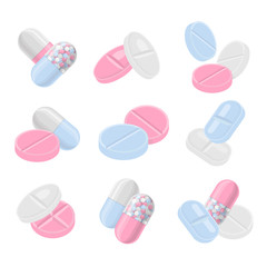 Pills and drugs vector colorful realistic icon set. Different shapes of pills compositions