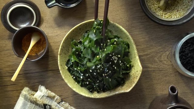 Wakame seaweed salad, a healthy Japanese dish.