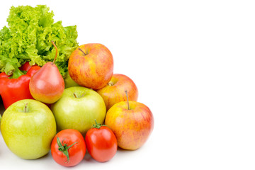 Fruits and vegetables isolated on a white background. Wide photo. Free space for text.