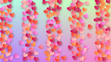 Valentine's Day Background. Banner Template. Many Random Falling Pink Hearts on Hologram Backdrop. Heart Confetti Pattern. Vector Valentine's Day Background.