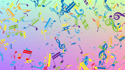 Disco Background. Many Random Falling Notes, Bass and, Treble Clef. Colorful Musical Notes Symbol Falling on Hologram Background. Disco Vector Template with Musical Symbols.