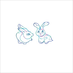 Color illustration of two rabbits in love. Chinese rabbits. Tattoo idea.