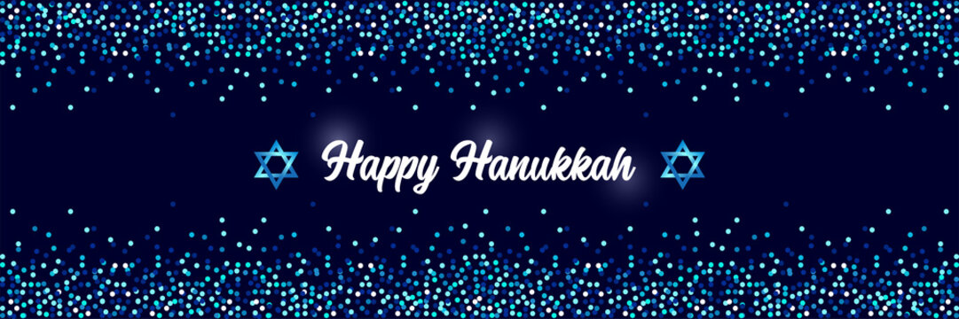 Luxury Festive Happy Hanukkah horizontal background with sparkles and glittering effect and lettering