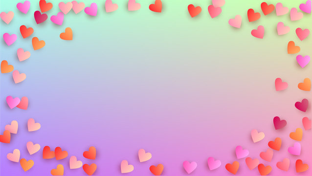 Wedding Background. Many Random Falling Pink Hearts on Hologram Backdrop. Invitation Template. Heart Confetti Pattern. Vector Wedding Background.