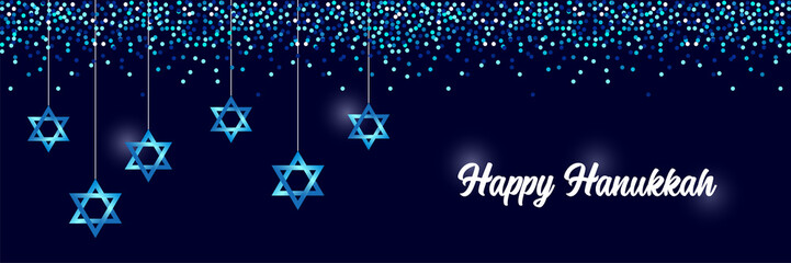 Luxury Festive Happy Hanukkah horizontal background with sparkles and glittering effect and lettering