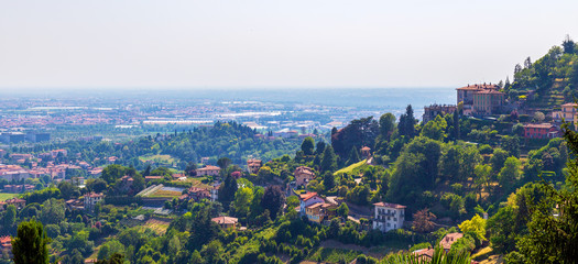 Panoramic view over Bergamo, Italy, from the hill of Old Town Citta Alta