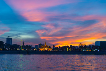 Phnom Penh skyline at sunset capital city of Cambodia kingdom, panorama silhouette view  from...