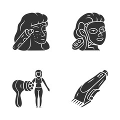 Beauty devices glyph icons set. Blackhead remover, therapy facial mask, body massager and shaving machine. Cosmetology instruments. Skin care. Silhouette symbols. Vector isolated illustration