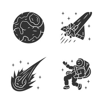 Astronomy glyph icons set. Space exploration. Earth, spaceship, comet, astronaut. Astrophysics. Galaxy research. Interstellar travel. Cosmic mission. Silhouette symbols. Vector isolated illustration