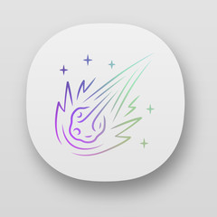 Comet app icon. Falling star. Meteor, asteroid. Bright celestial object. Fireball. Atmospheric meteorite. Star shape. UI/UX user interface. Web or mobile applications. Vector isolated illustrations