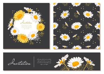 Flowers cards set Chamomile background Daisy wreath. Flowers and leaves of daisies on a dark background. Vector floral invitations with text space