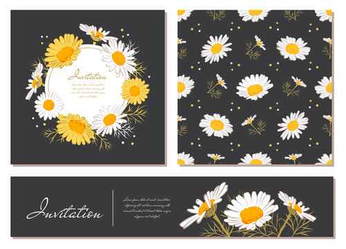Flowers cards set Chamomile background Daisy wreath. Flowers and leaves of daisies on a dark background. Vector floral invitations with text space