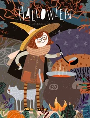 Zelfklevend Fotobehang Halloween! Vector illustration of a cute girl witch in a cap who cooks a potion on a campfire in a fabulous autumn forest. Freehand drawing of a character for a poster, card or cover. © Ardea-studio