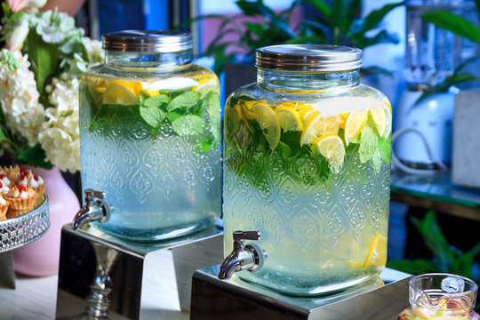 Mojito detox water with lemon and mint. Catering. HOLIDAY SERVICE. Summer drink. Refreshing drink.