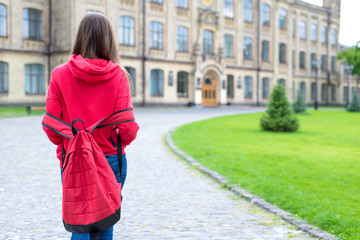 First day at new school concept. Back rear behind view photo of upset tired of getting knowledge teen hipster teenager person holding hands in pockets of pullover