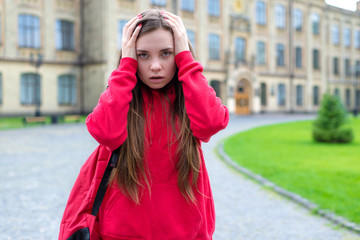 Fototapeta premium Close up photo of pessimistic anxious having trouble problem with lessons do not understand overslept important exam. After party feeling concept