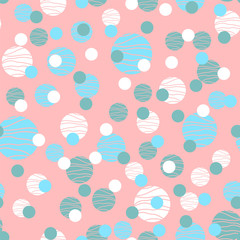 Trendy abstract seamless pattern with white, blue, green circles on a coral background. Seamless vector texture. Design for fabric, paper, packaging.