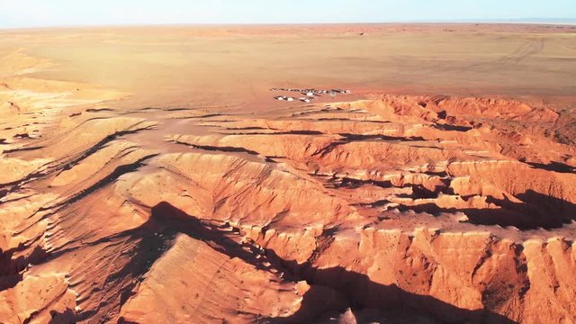 Aerial view of the Bayanzag, flaming cliffs, Gobi Desert, Mongolia