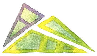 Abstract triangle watercolor hand drawing set. Violet contour with yellow and green gradient inside and yellow contour with green inside. An isolated element for design.