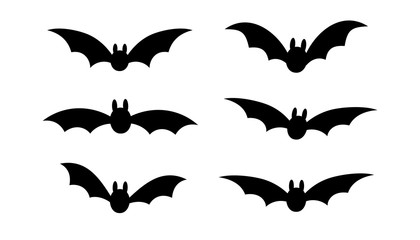 Obraz premium Bats icon set. Bat black silhouette with wings isolated white background. Symbol Halloween holiday, mystery cartoon dark vampire, night flyin element. Spooky scary flat design. Vector illustration